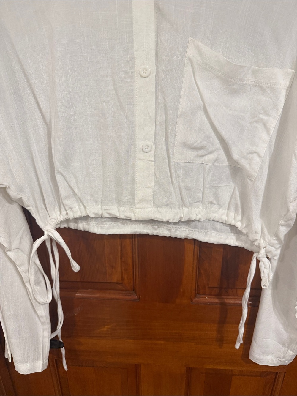 White Cropped Drawstring Button-Up Shirt - Picture 3 of 5